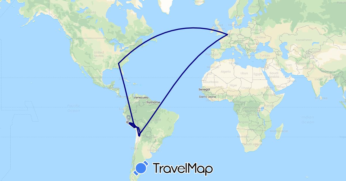 TravelMap itinerary: driving, plane in Belgium, Bolivia, Peru, United States (Europe, North America, South America)